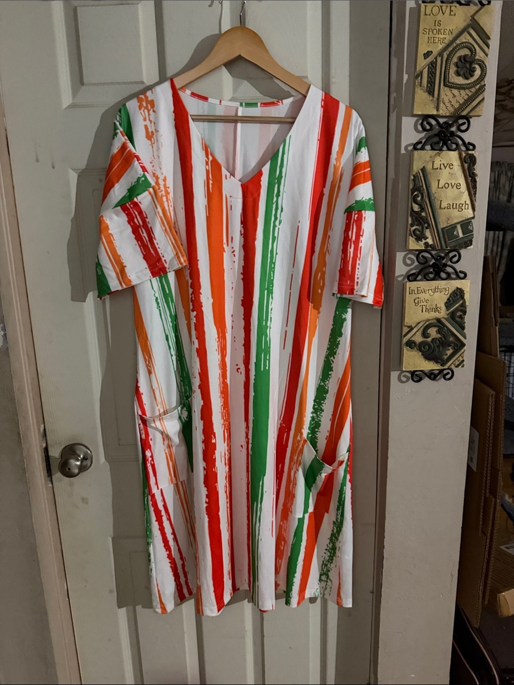 V-Neck Midi Dress in White with Red, Orange & Green Stripes